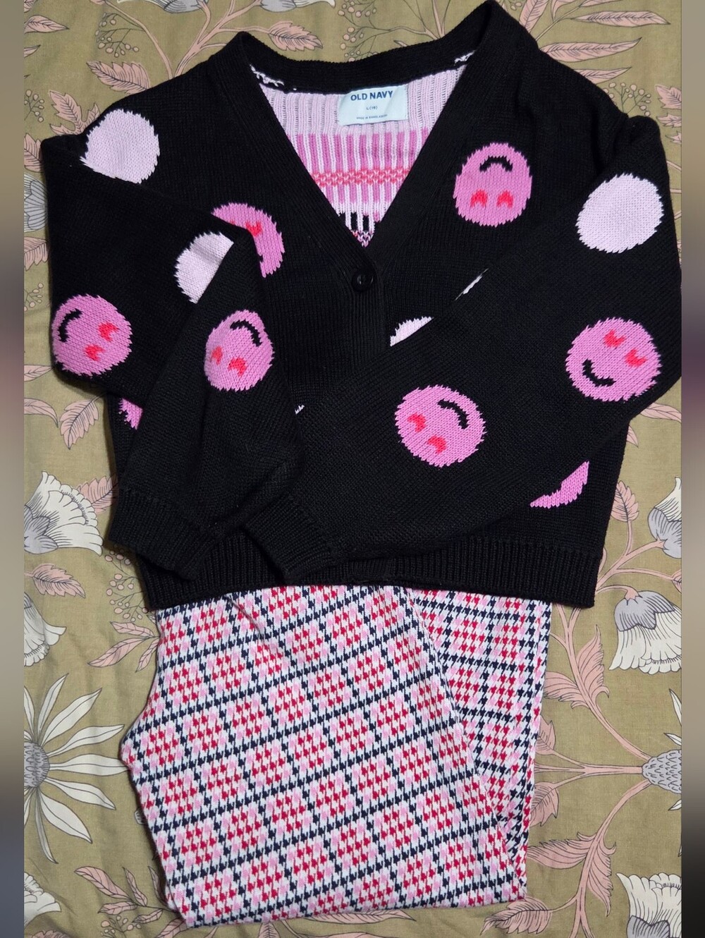 Old Navy Black Cardigan with Pink Smiley Dot Knit
